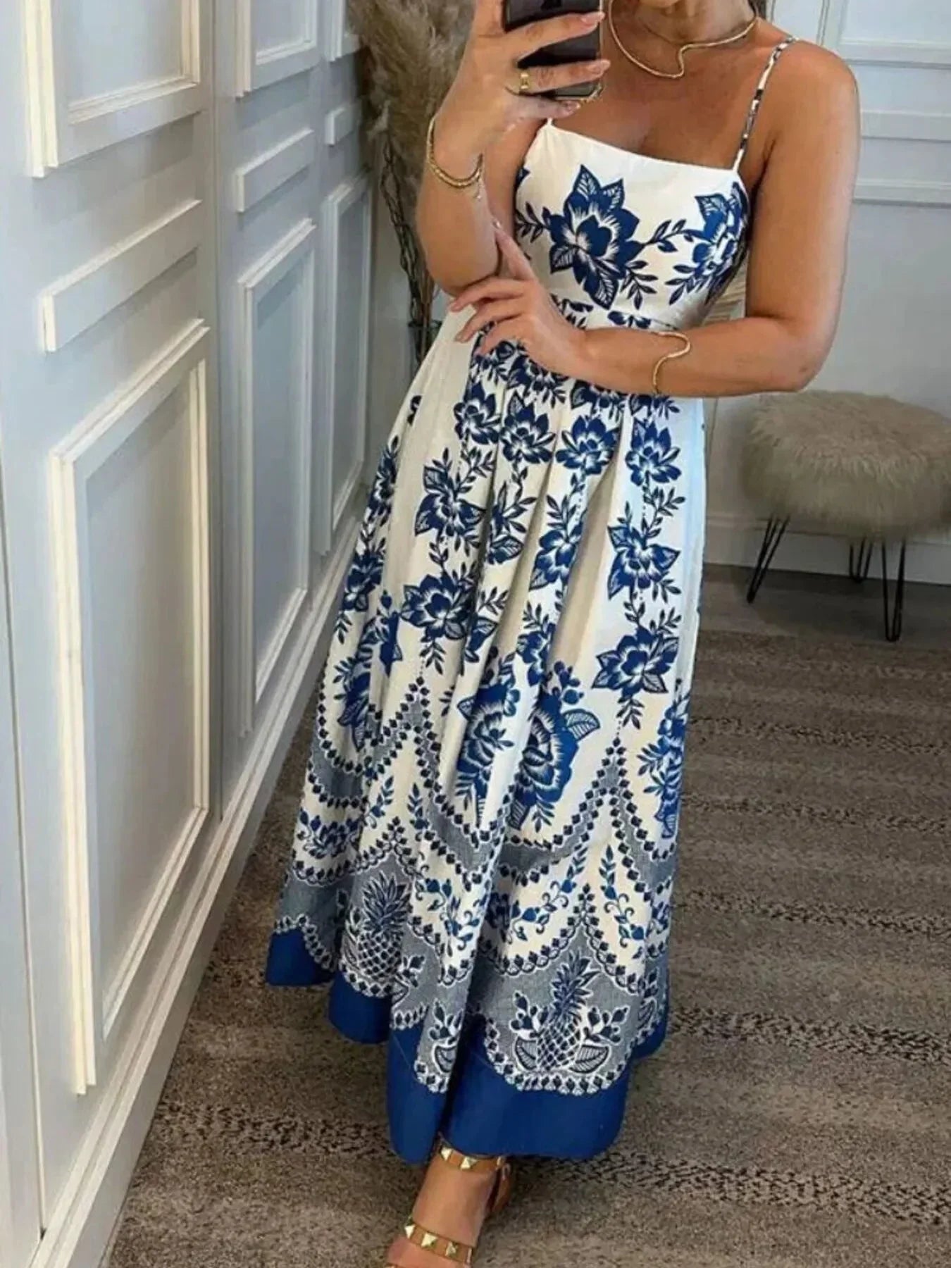 Printed Spaghetti Strap Maxi Dress - VILLA FASHION